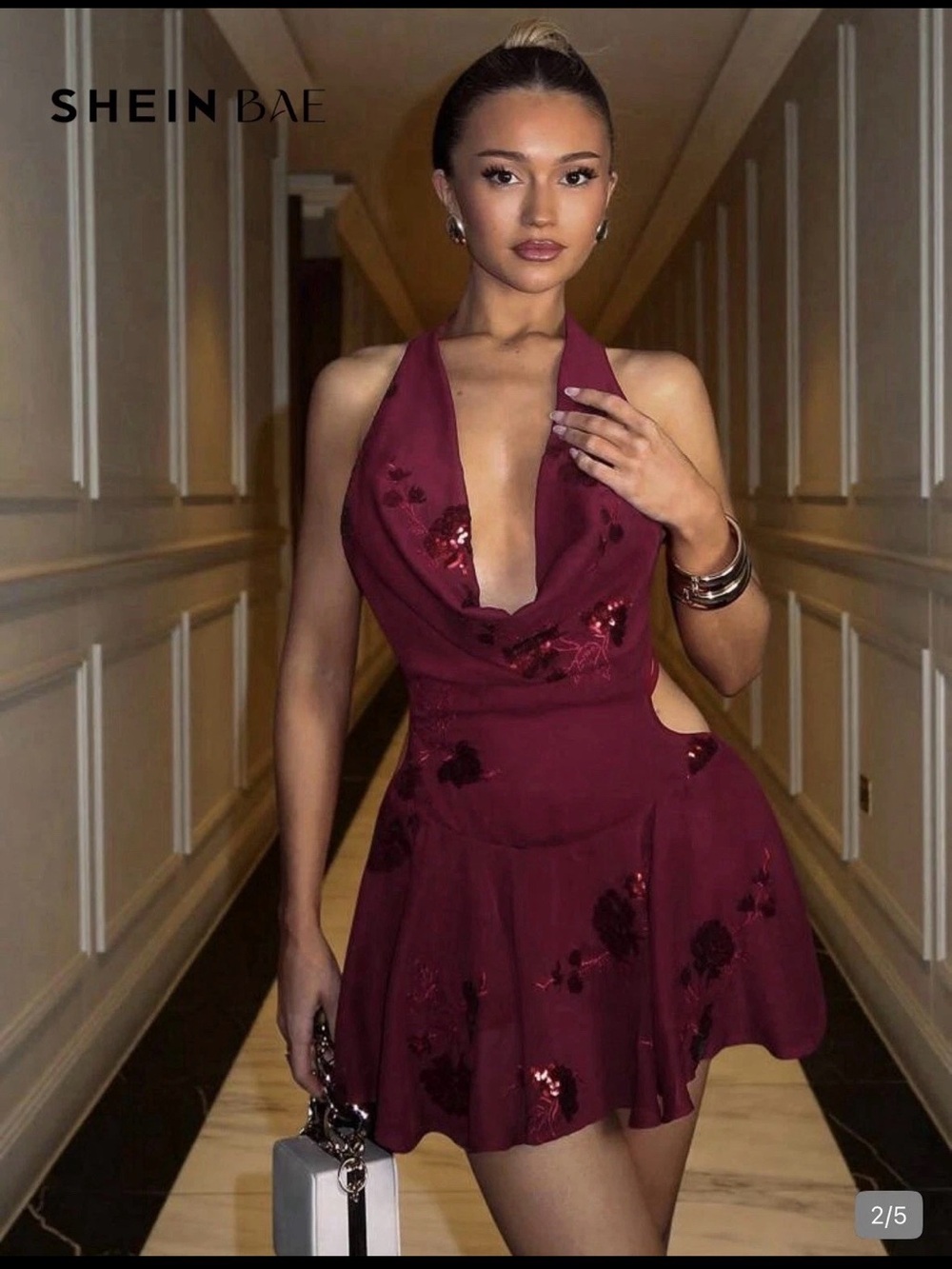 SHEIN Burgundy Halter Deep-V Mini Dress with Sequin Floral and shorts